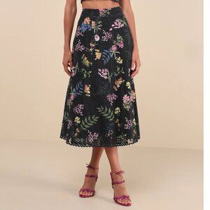 NWT Lulus Sweet At Heart Floral Embroidered Midi Skirt Black Small Eyelet